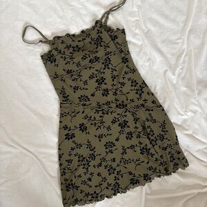 Floral Olive Green Dress with Black Pattern